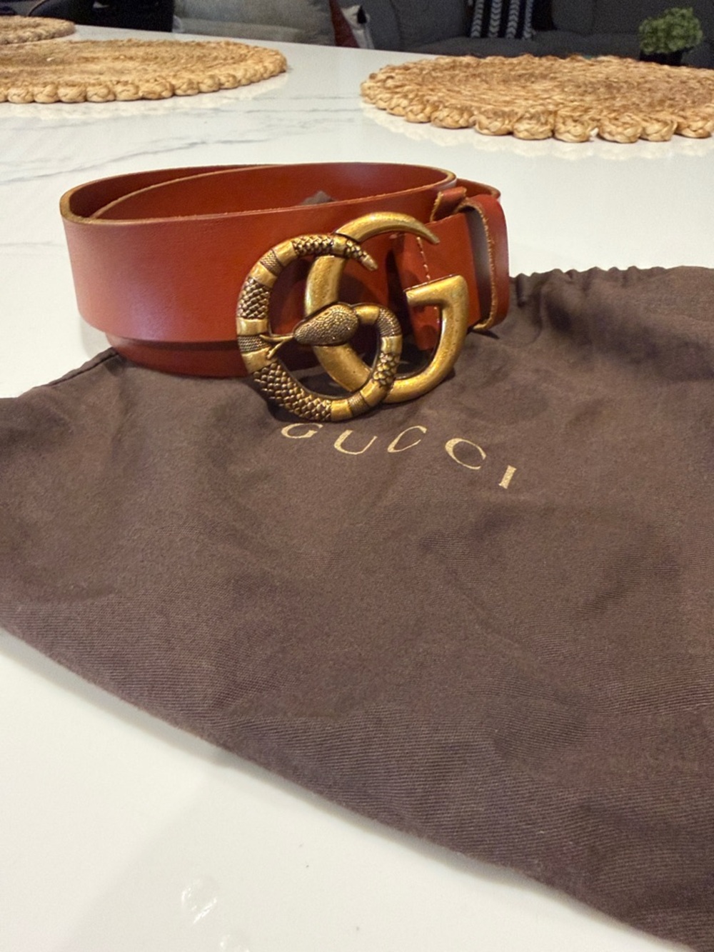 Gucci Tan Leather Men's Belt with Brass Snake GG Buckle